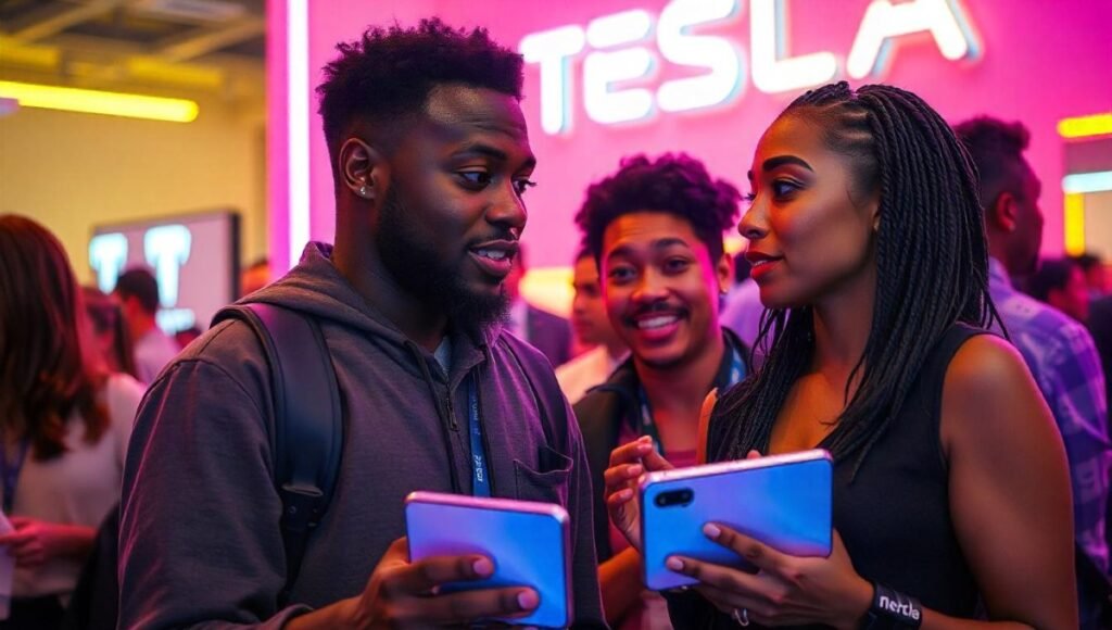 a group of people looking at their tesla phones